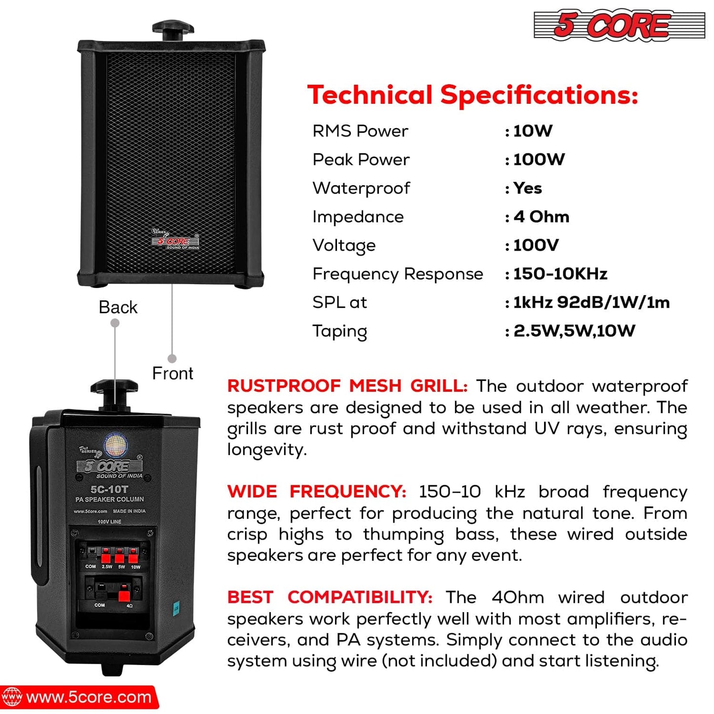 5Core Outdoor Speakers Stereo In Wall 100W Peak Passive Home Audio