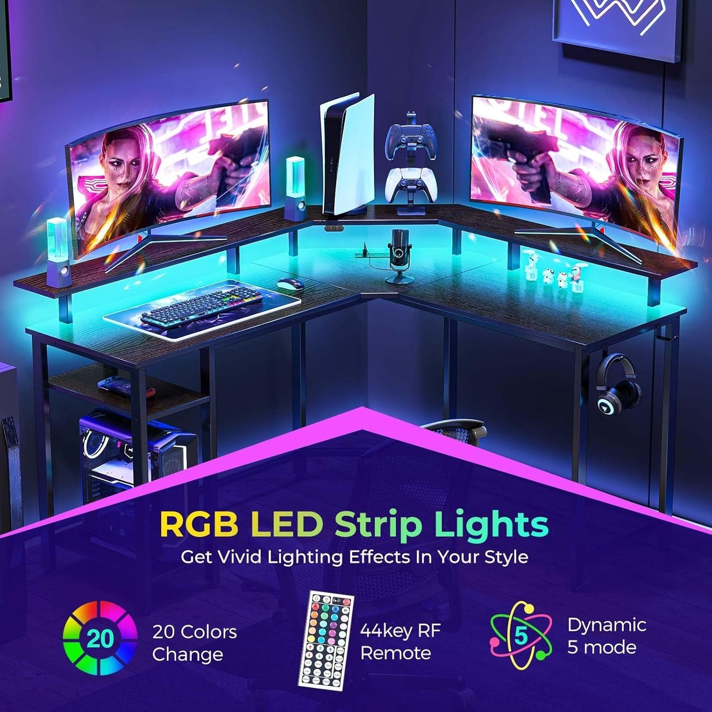 L Shaped Gaming Desk with LED Lights & Power Outlets, 46.2" Computer