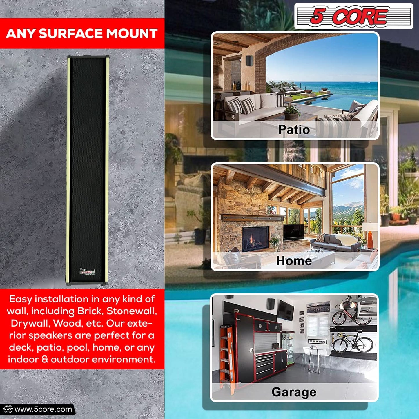 5Core Outdoor Speakers Stereo In Wall 300W Peak Passive Home Audio