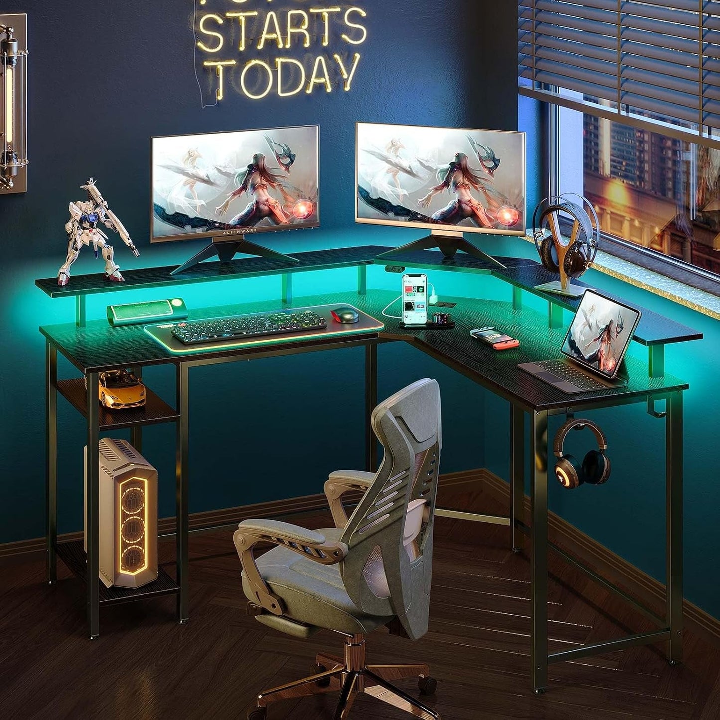 L Shaped Gaming Desk with LED Lights & Power Outlets, 46.2" Computer
