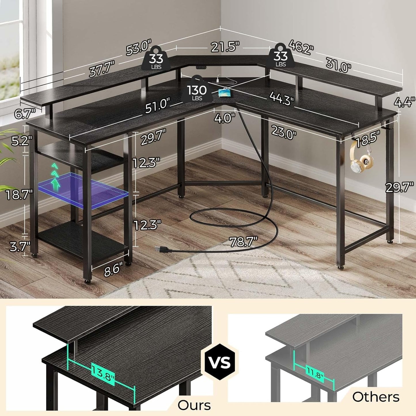 L Shaped Gaming Desk with LED Lights & Power Outlets, 46.2" Computer
