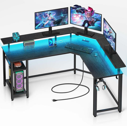 L Shaped Gaming Desk with LED Lights & Power Outlets, 46.2" Computer